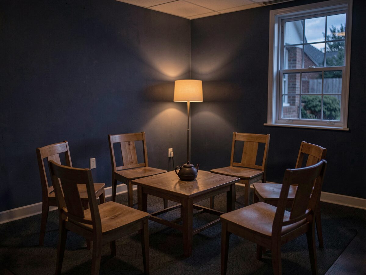 a small circle of six wooden chairs in a dim community room, a low table with a tea pot at the center, evening light through one window, no people, no readable text
