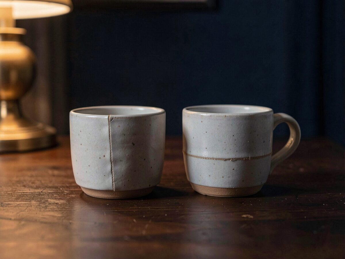 two ceramic cups on a dark wooden surface, one whole and one repaired with a visible seam, side light, shallow focus, quiet still life, no text