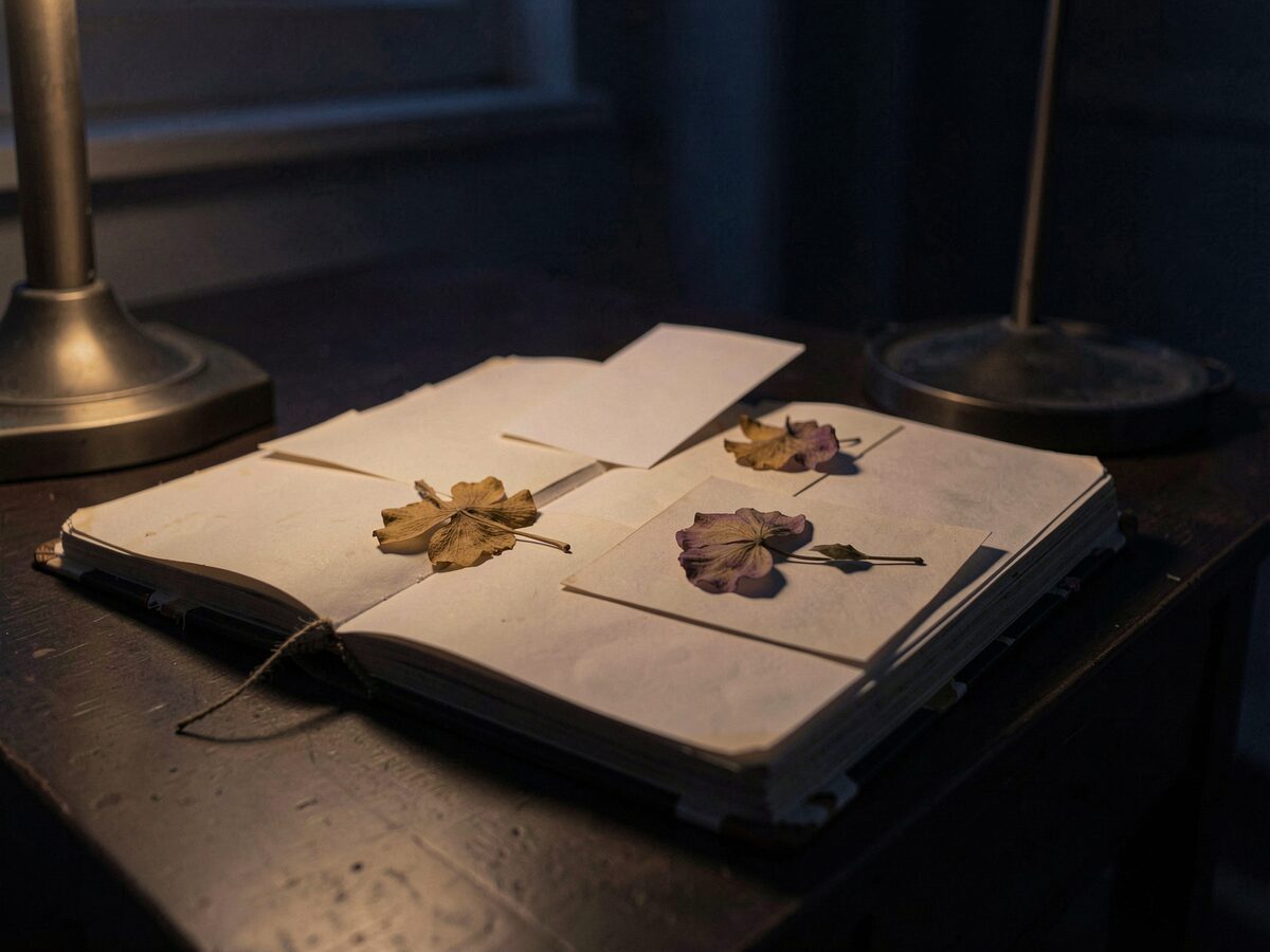 a scrapbook lying open on a dark table with small blank cards and a dried pressed flower arranged loosely across its pages, lamplight, no readable text
