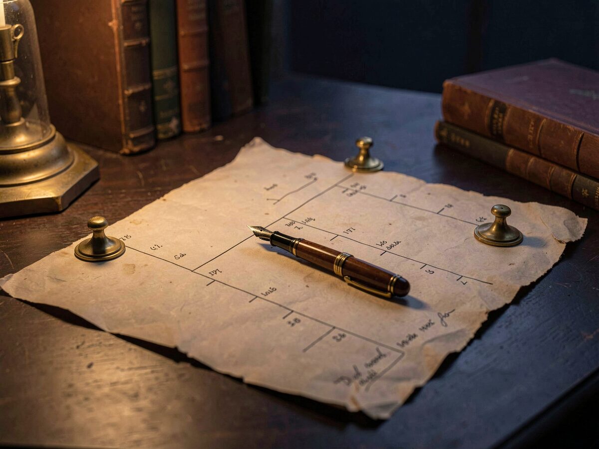 an old paper timeline spread on a dark reading desk, small brass page weights holding it flat, a fountain pen resting across it, warm lamp glow, no readable words