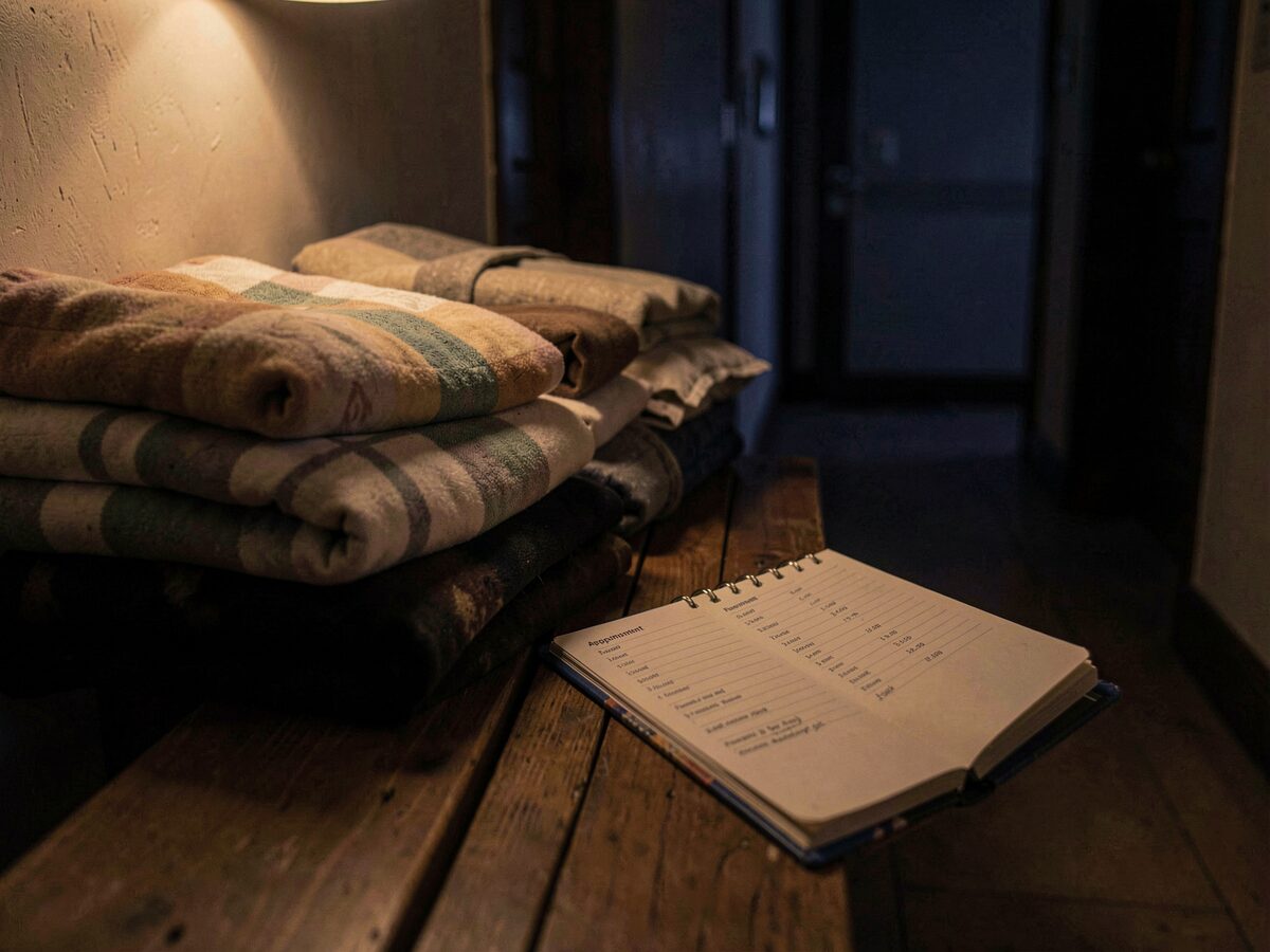 a row of folded blankets and a paper appointment book open to an evening schedule on a bench in a dim hallway, warm interior light, no readable entries, no people