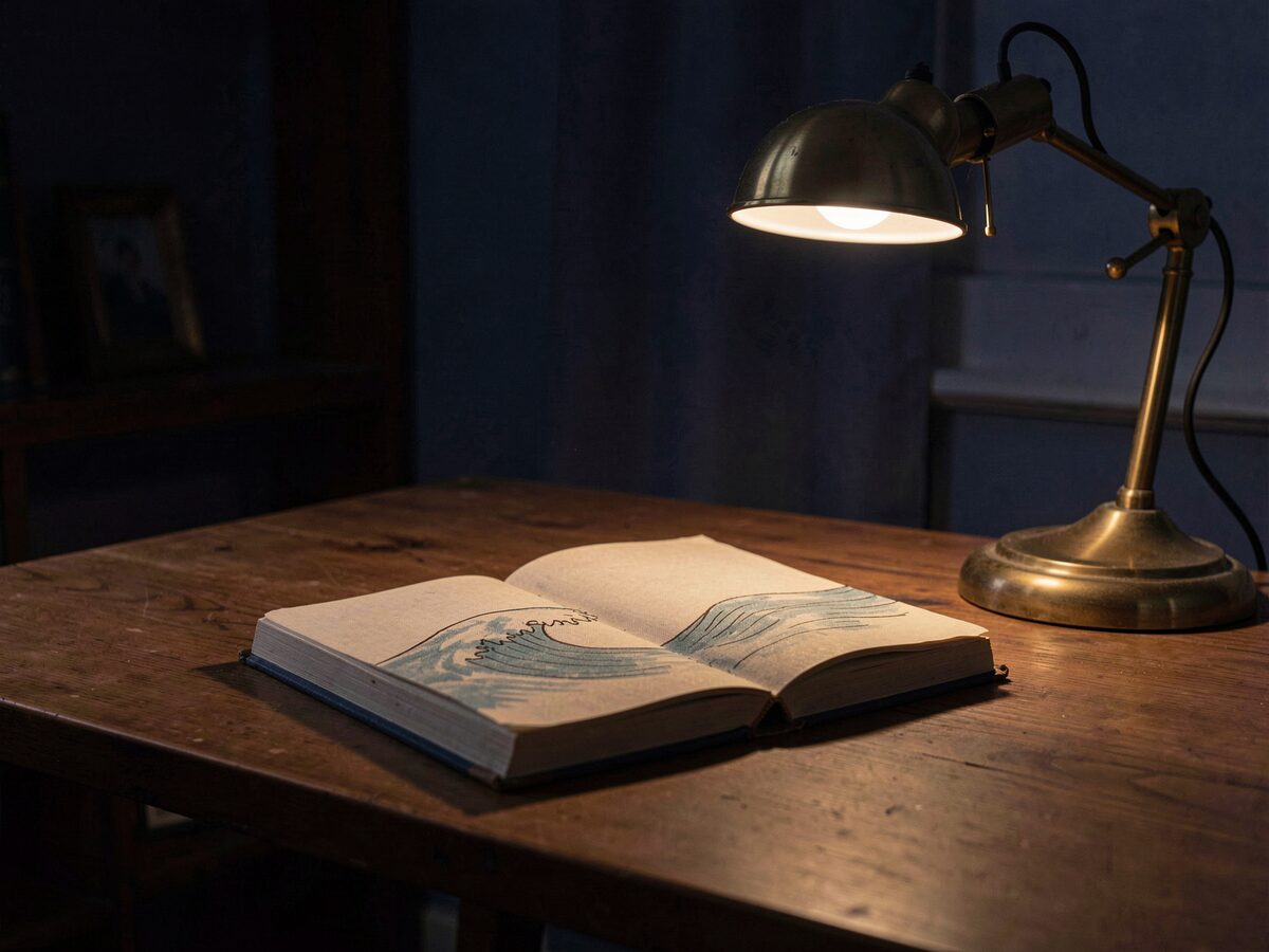 a quiet reading desk in low lamplight, an open clothbound journal with a soft hand-drawn wave motif on its cover, a brass reading lamp arm, shallow depth of field, no readable text